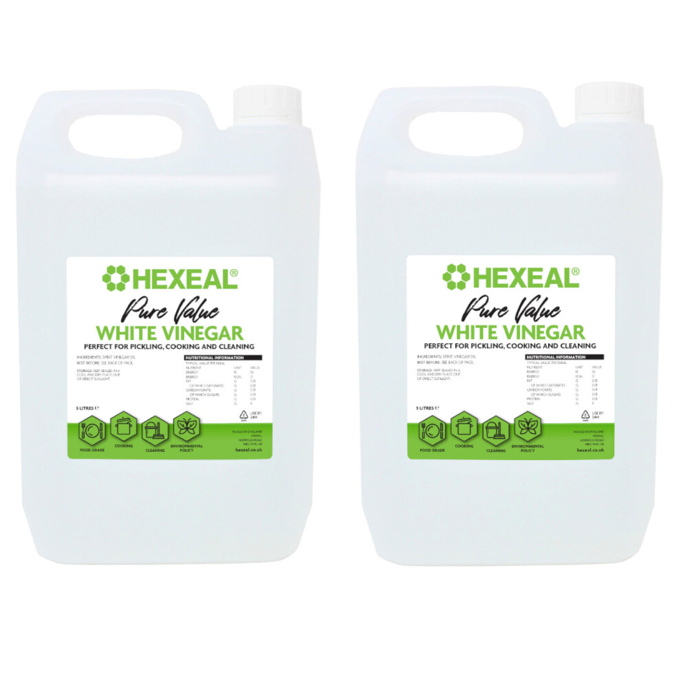 Hexeal Pure Value White Vinegar 10L - 2 X 5L Of Food Grade White Vinegar For Cooking, Cleaning, Pickling & Baking Cleans Surfaces, Deodorises & Remo