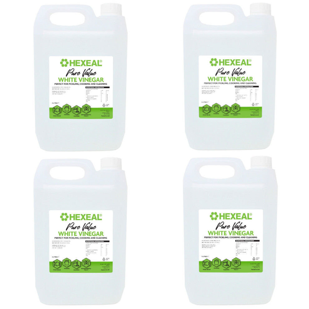 Hexeal Pure Value Vinegar 20L - 4 X 5L Bottle Of Food Grade Vinegar For Cooking, Cleaning, Pickling & Baking Cleans Surfaces, Deodorises White