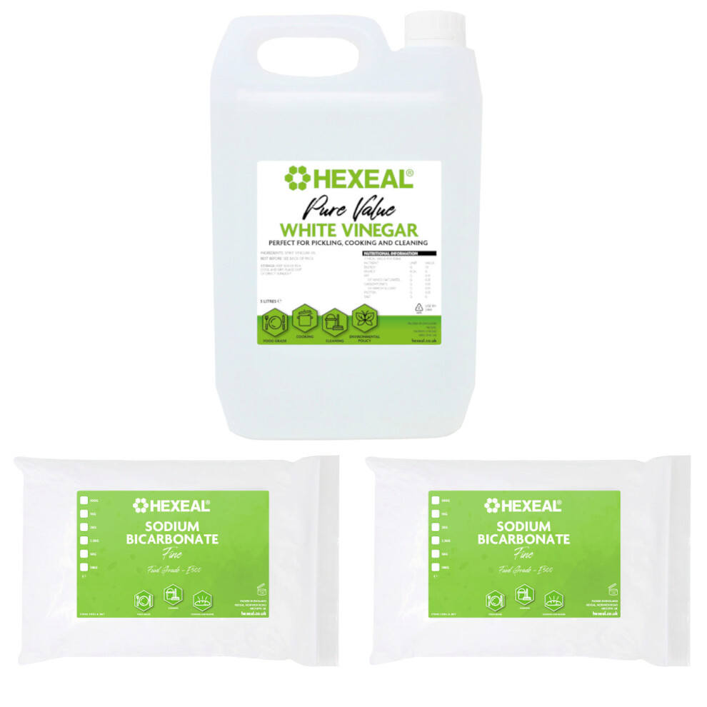 Hexeal Cleaning Kit - Pure Value White Vinegar 5L & Sodium Bicarbonate 2 X 1kg Bags Cleans Surfaces, Deodorises & Removes Grime