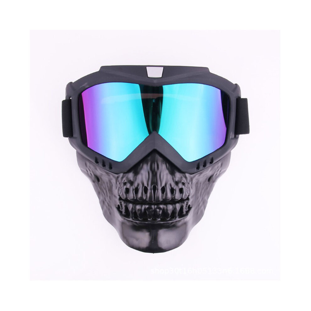 (Rainbow Lens) With Warning Detachable Motorcycle Goggles Mask Skull Moto Face Light 9487227272082