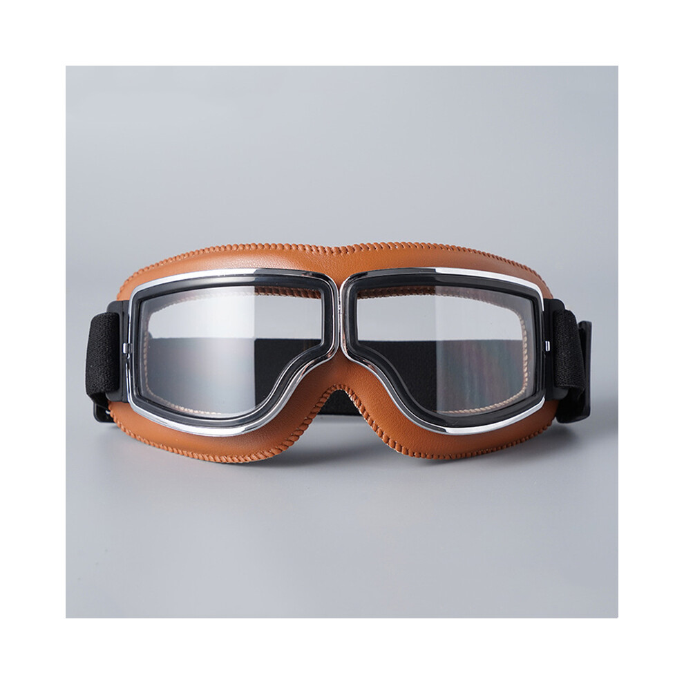 (-Clear Lens) Retro Leather Motorcycle Goggles Vintage Pilot Glasses Windproof Universal Brown 9487227259960