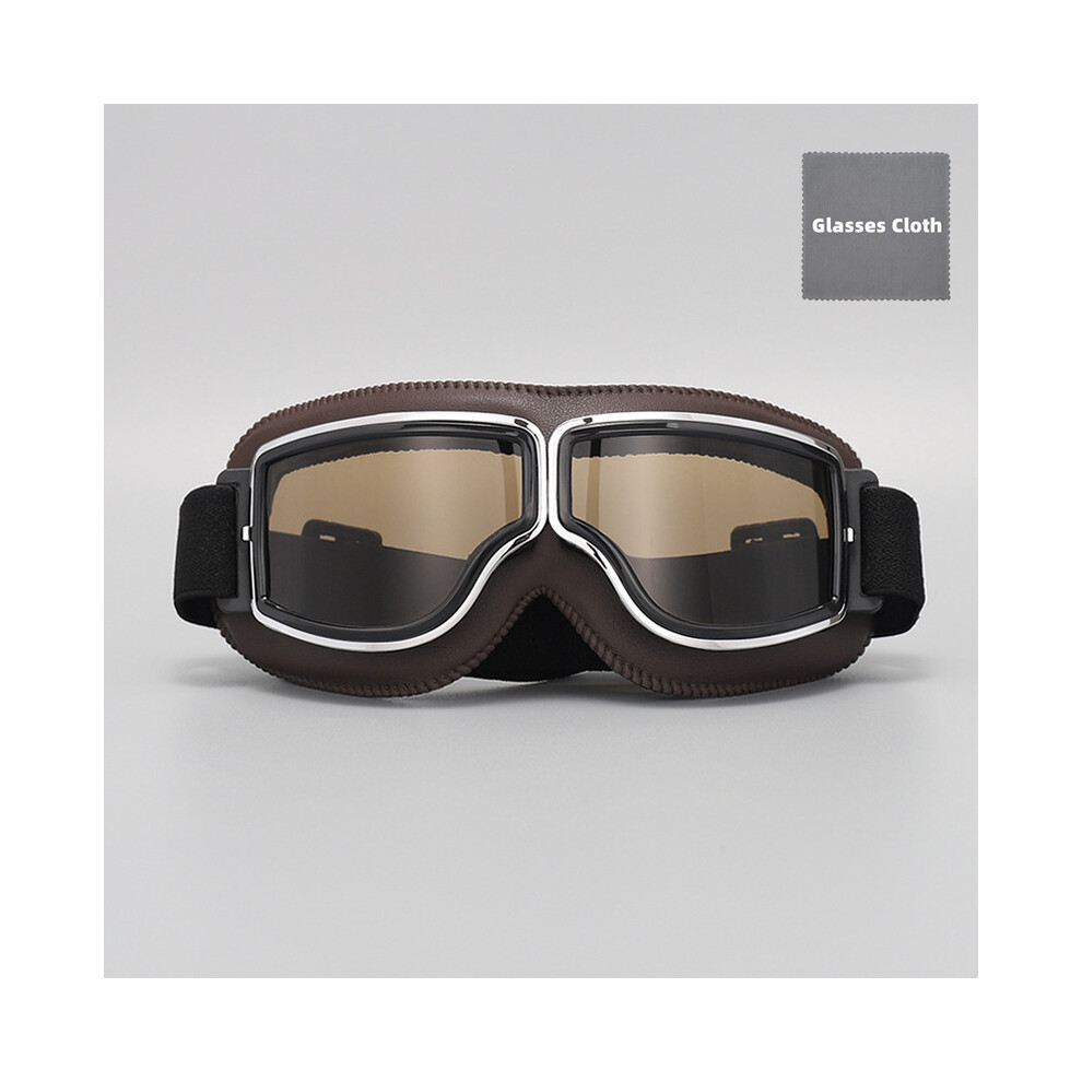 (Coffee-Tea Lens) Retro Leather Motorcycle Goggles Vintage Pilot Glasses Windproof Universal 9487227260003