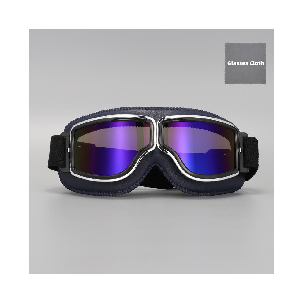 (- Lens) Retro Leather Motorcycle Goggles Vintage Pilot Glasses Windproof Universal Blue 9487227259991