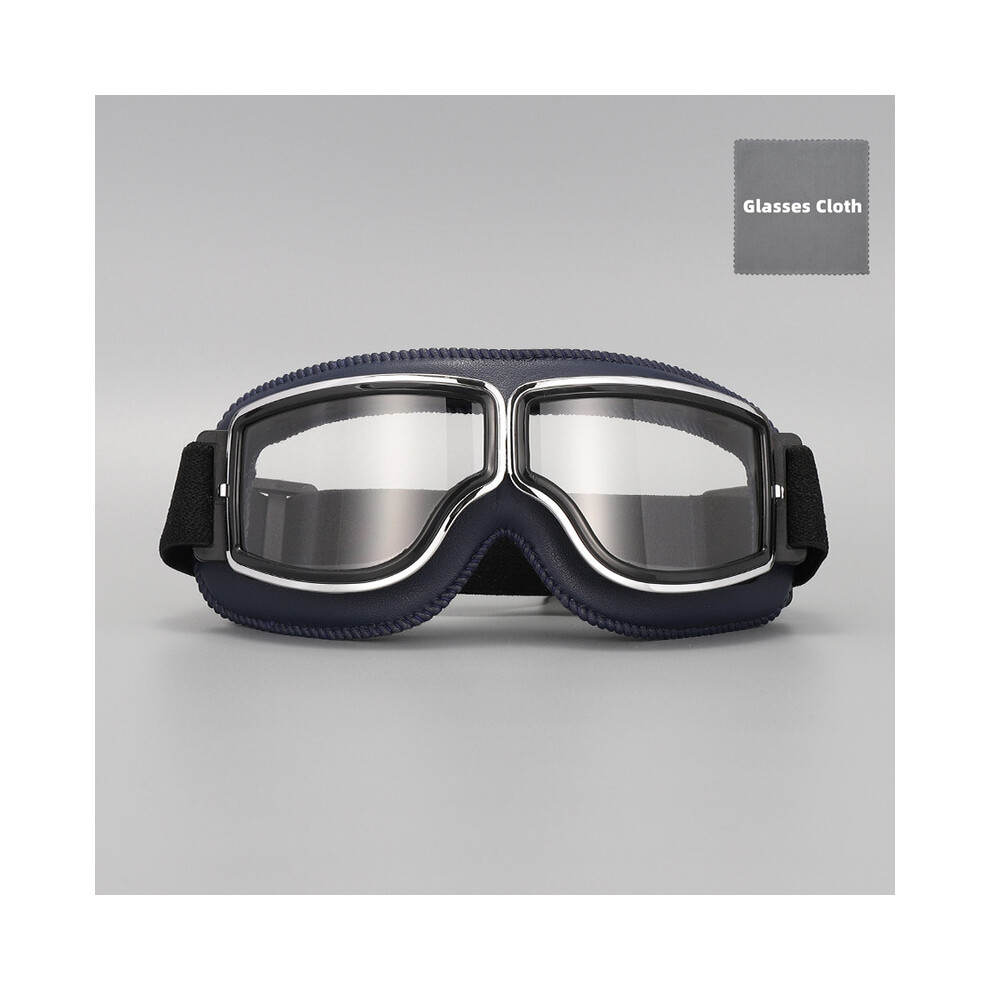 (-Clear Lens) Retro Leather Motorcycle Goggles Vintage Pilot Glasses Windproof Universal Blue 9487227260010
