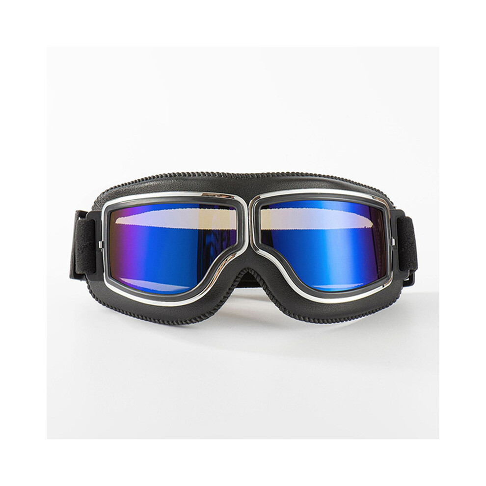 (- Lens) Retro Leather Motorcycle Goggles Vintage Pilot Glasses Windproof Universal Black/Blue 9487227260058