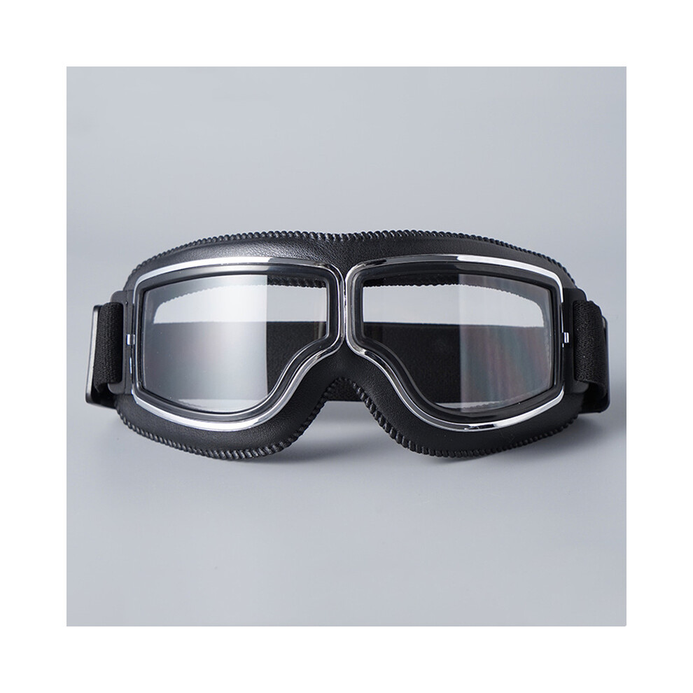 (-Clear Lens) Retro Leather Motorcycle Goggles Vintage Pilot Glasses Windproof Universal Black 9487227260041