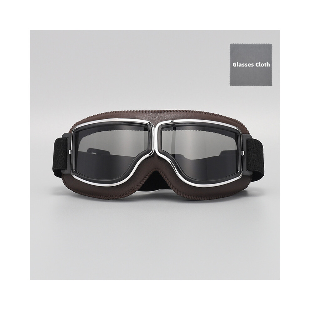 (Coffee- Lens) Retro Leather Motorcycle Goggles Vintage Pilot Glasses Windproof Universal Grey 9487227260072