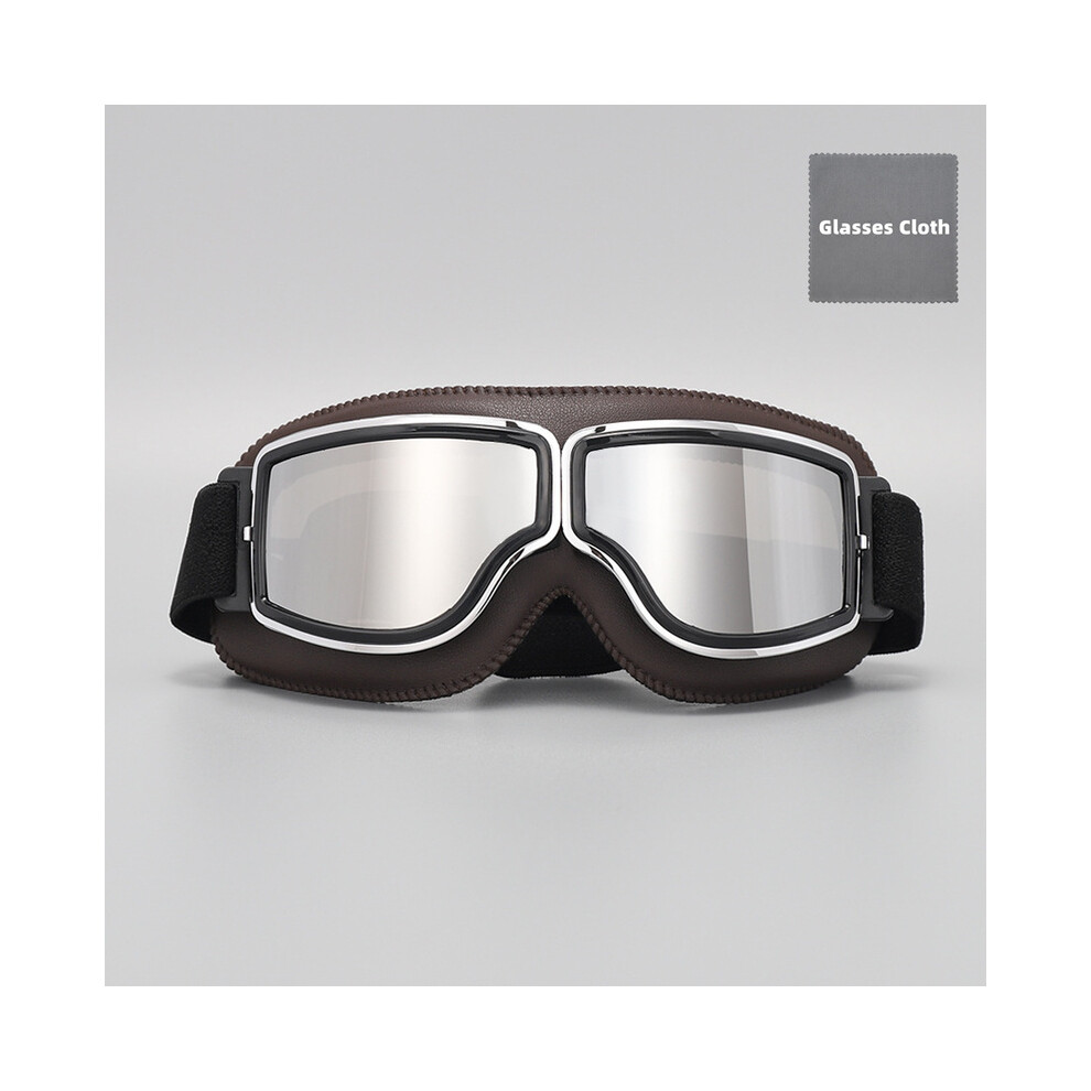 (Coffee- Lens) Retro Leather Motorcycle Goggles Vintage Pilot Glasses Windproof Universal Silver 9487227260102