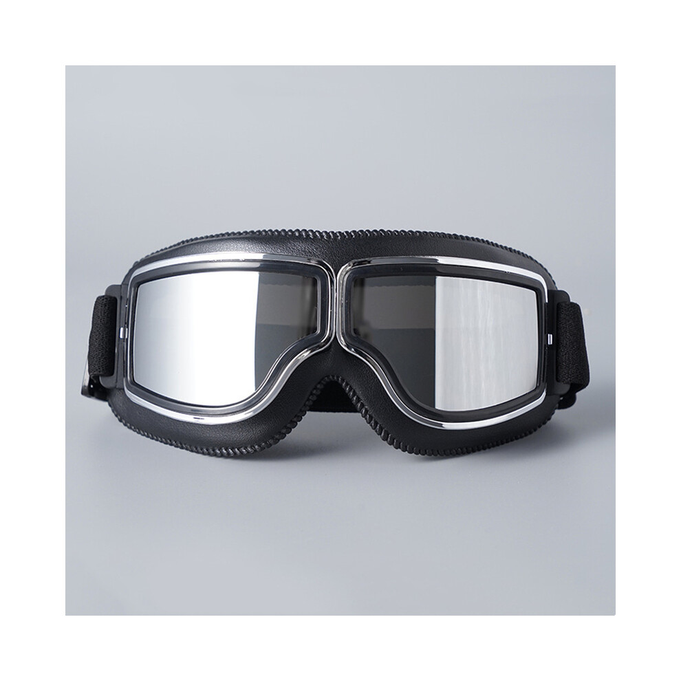 (- Lens) Retro Leather Motorcycle Goggles Vintage Pilot Glasses Windproof Universal Black/Silver 9487227260119