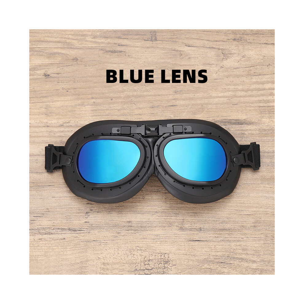 ( Lens) Classic Vintage Motorcycle Leather Goggles Retro Pilot Glasses Universal Blue 9487227285105