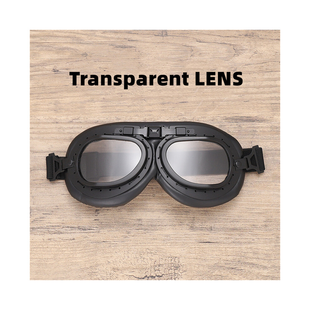 (Transparent Lens) Classic Vintage Motorcycle Leather Goggles Retro Pilot Glasses Universal 9487227285075