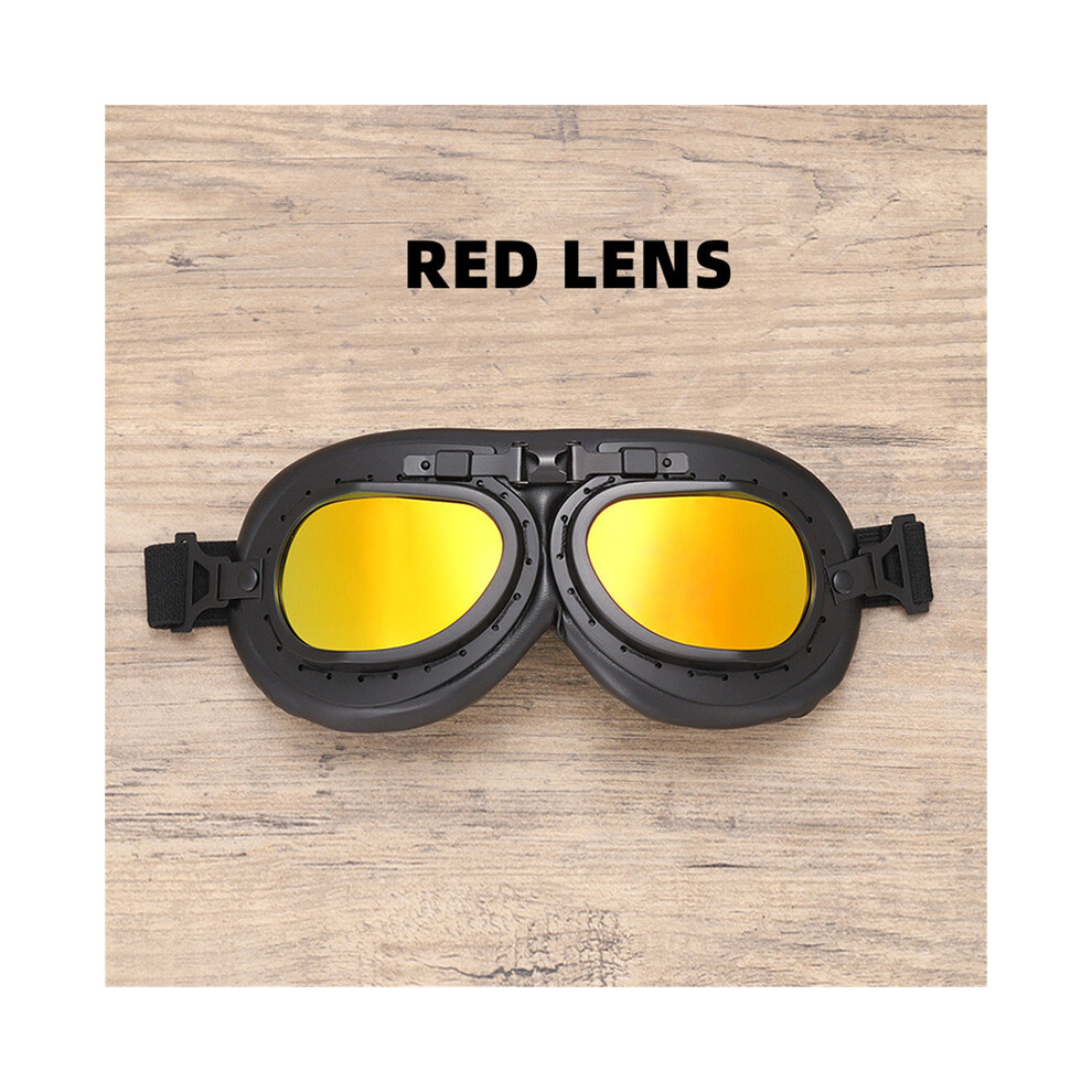 ( Lens) Classic Vintage Motorcycle Leather Goggles Retro Pilot Glasses Universal Red 9487227285082