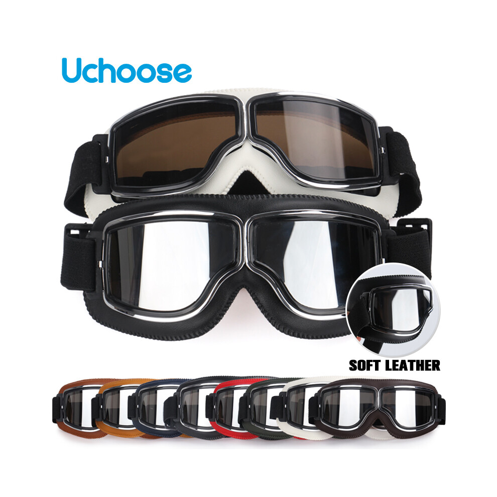 (G- Lens) Windproof Motorcycle Helmet Glasses Leather Safety Protective Anti-Glare Silver 9487227289264