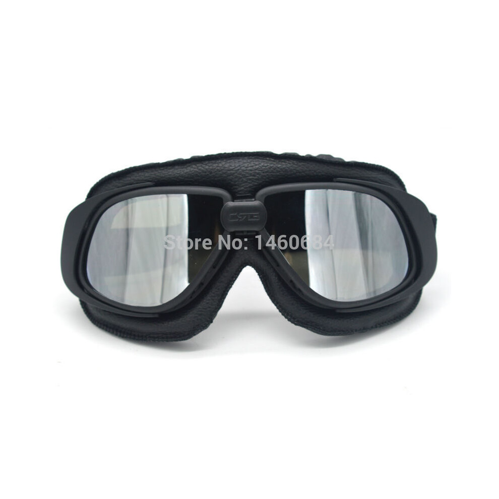 Photos - Motorcycle Goggles / Face Mask MAXPOWER Black Vintage Motorcycle Pilot Goggles Retro Leather Gafas Moto Motorbike (Silver Lens)