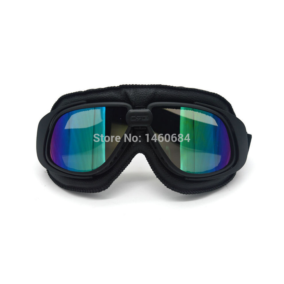 Photos - Motorcycle Goggles / Face Mask MAXPOWER Black Vintage Motorcycle Pilot Goggles Retro Leather Gafas Moto Motorbike Blue,Black (Blue Lens)