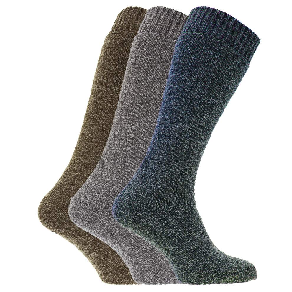 (UK Shoe 6-11, EUR 39-45, Brown/Blue/Grey) Mens Thermal Wool Blend Long Wellington Boot Socks (Pack Of 3)