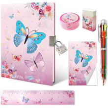 Butterfly Girls Diary with Lock, Notebook for Girls Gifts Set Incl. 7x5.4 Kids Journal with 6-Multicolored Pen Memo Pad Ruler Sharpener Eraser for C