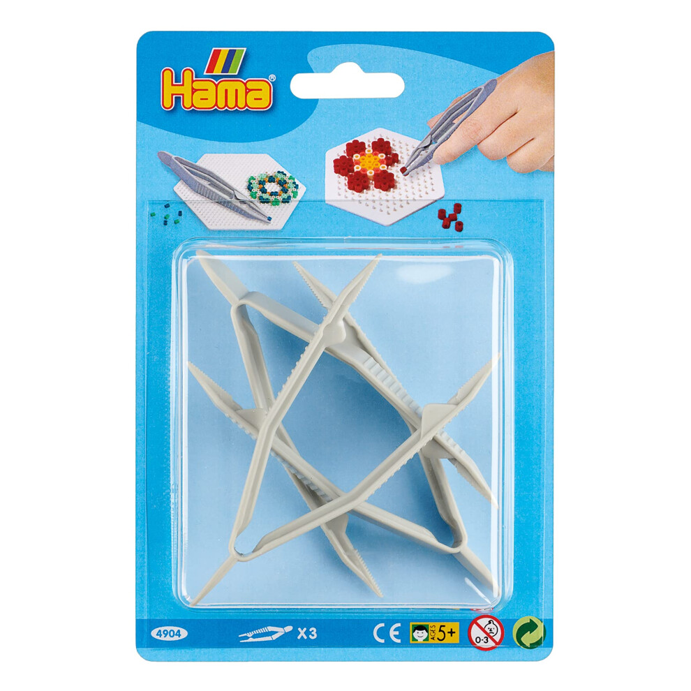 Hama Perlen 4904 Plastic Tweezers Set for Crafts with Ironing Beads, 3 Pieces, Creative Craft Fun for Children and Teenagers, Grey, Small