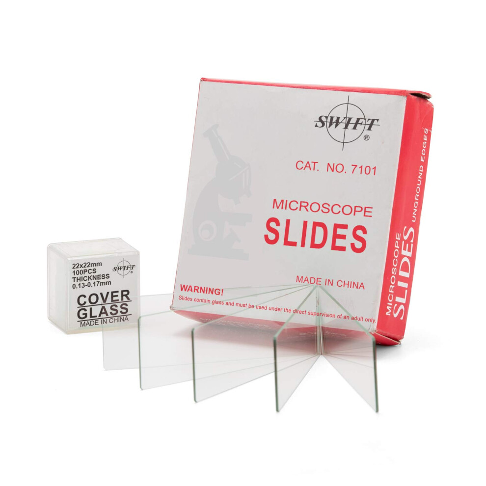 Swift Microscope Slides Kit with 72 Pre-Cleaned Blank Slides and 100 Glass Coverslips, Ground Edges