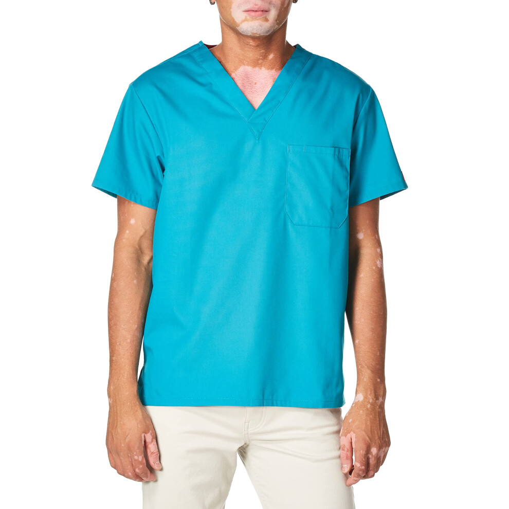 Dickies Mens Signature V-Neck Scrubs Shirt, Teal Blue, Large