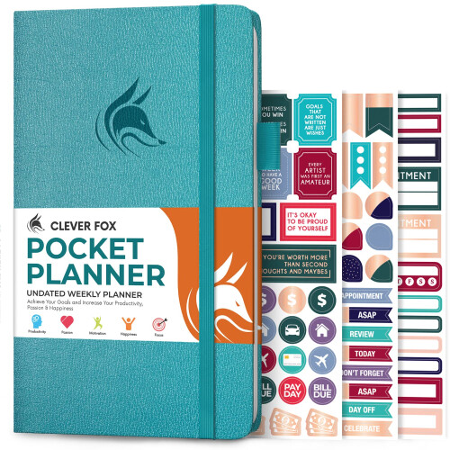 Clever Fox Pocket Planner Weekly - Αδιάθετος Μηνιαίος Στόχος και Ημερολόγιο 3.7x6.7" (Ακουαμαρίνα)