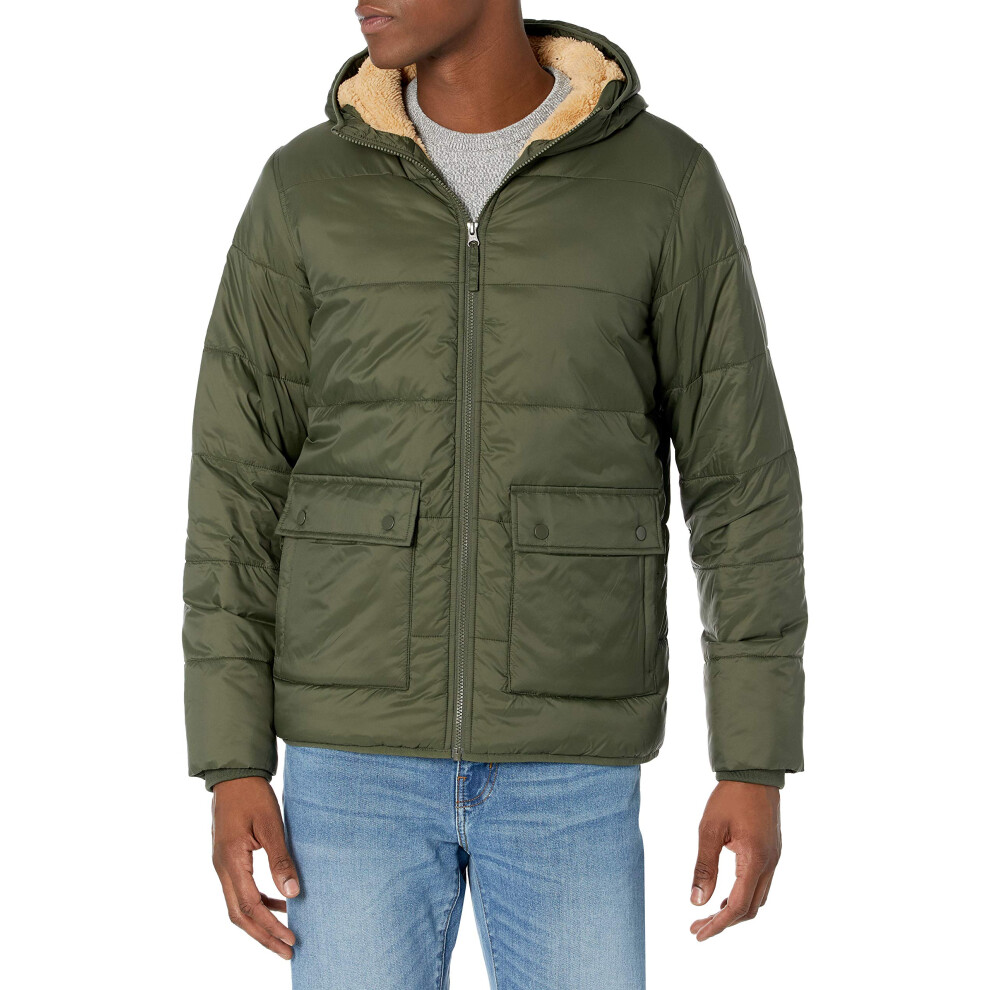 Amazon Essentials Mens Long-Sleeve Water-Resistant Sherpa-Lined Puffer Jacket, Dark Olive, X-Small