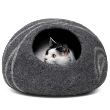 MEOWFIA Premium Felt Cat Bed Cave - Handmade 100% Merino Wool Bed for Cats and Kittens (Dark Shades) (Medium, Dark Grey)