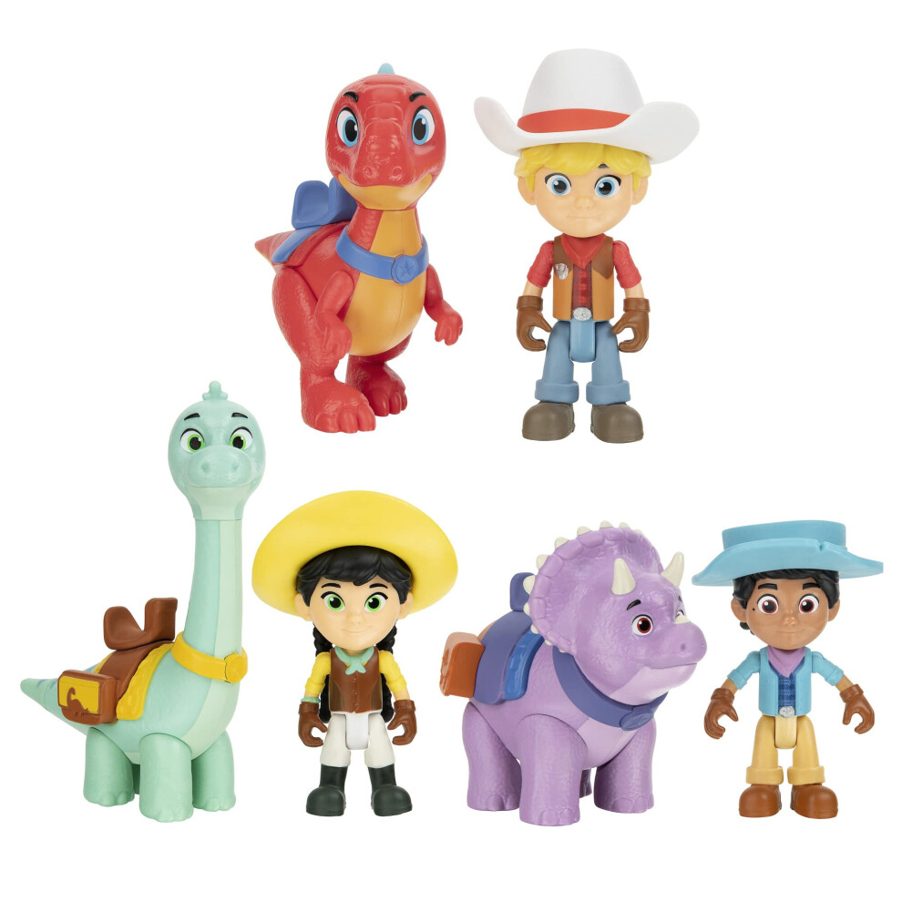 Dino Ranch 6-Figure Pack - Jon and Blitz, Min and Clover, Miguel and Tango - Three 3 Ranchers and Three 4 Dinos, Plus Fence Pieces - Toys for Kids Fe