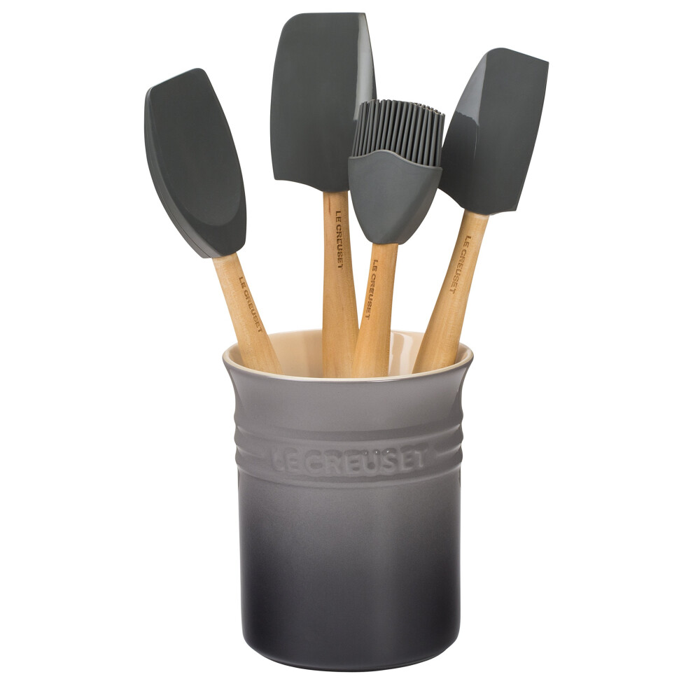 Le Creuset Silicone Craft Series Utensil Set with Stoneware Crock, Oyster, 5pc