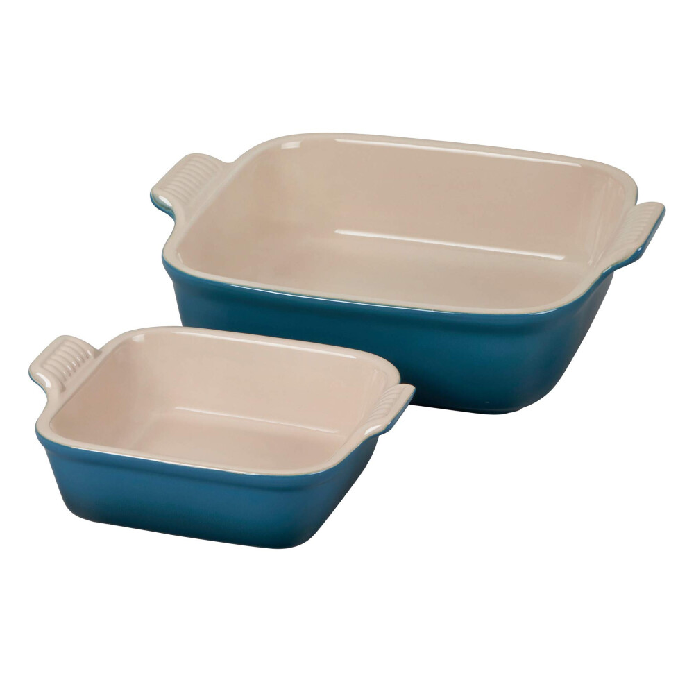 Le Creuset Stoneware Heritage Set of 2 Square Dishes , Small - 18 oz. & Medium - 2 qt., Deep Teal