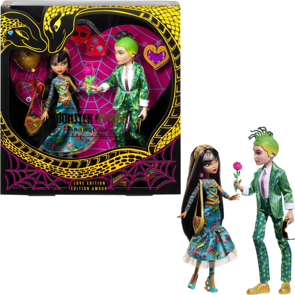 Monster High Howliday Love Edition Dolls, Cleo De Nile & Deuce Gorgon Collector 2-Pack with Valentine's Accessories & Displayable Packaging