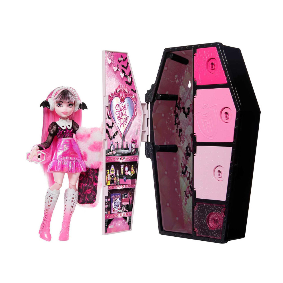 Monster High Skulltimate Secrets Fearidescent Series Doll & Accessories, Draculaura, Dress-Up Locker & 19+ Surprises For 4 years and older