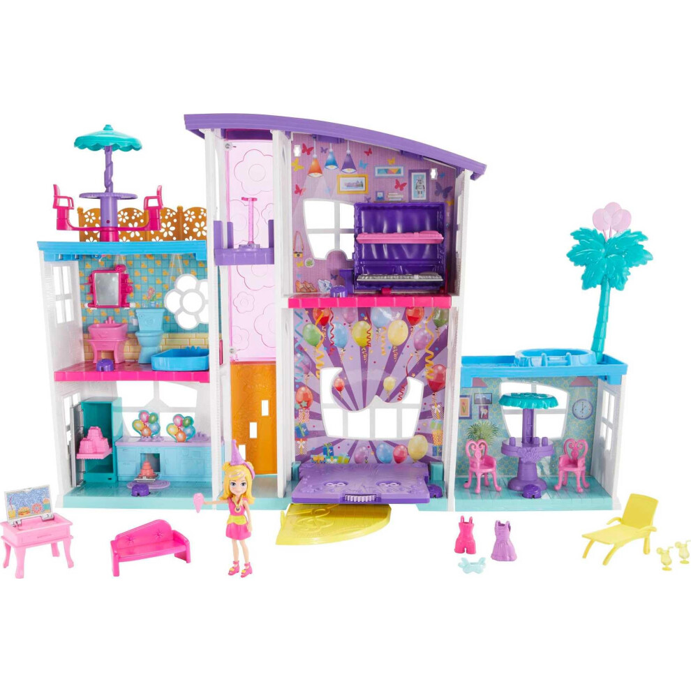 Polly Pocket Playset with 3-inch Doll & Party Accessories, Poppin' Party Pad Transforming Playhouse Toy