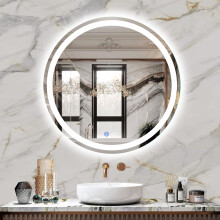 FITLAND Miroir de salle de bain rond LED de 61 cm, anti-bue, intensit variable, 3 couleurs de temprature, fonction mmoire, miroir mural LED