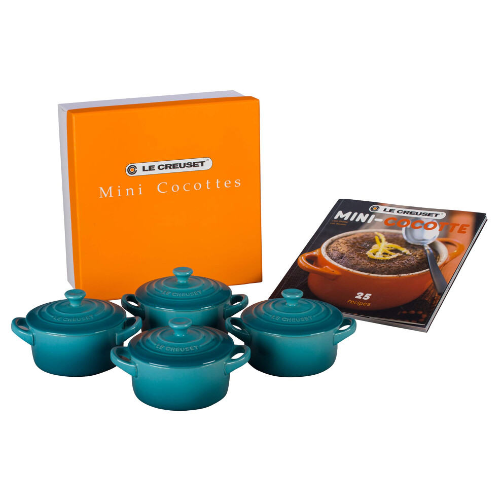 Le Creuset Stoneware Set of 4 Mini Cocottes with Cookbook, 8 oz. each, Caribbean