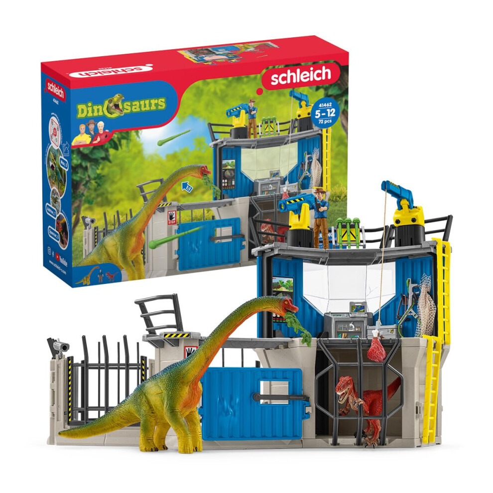 Schleich Dinosaur Toys Science Playset - 33-Piece Set Research Station with Brachiosaurus, Velociraptor, Men Scientist Action Figures, and Dart Canno