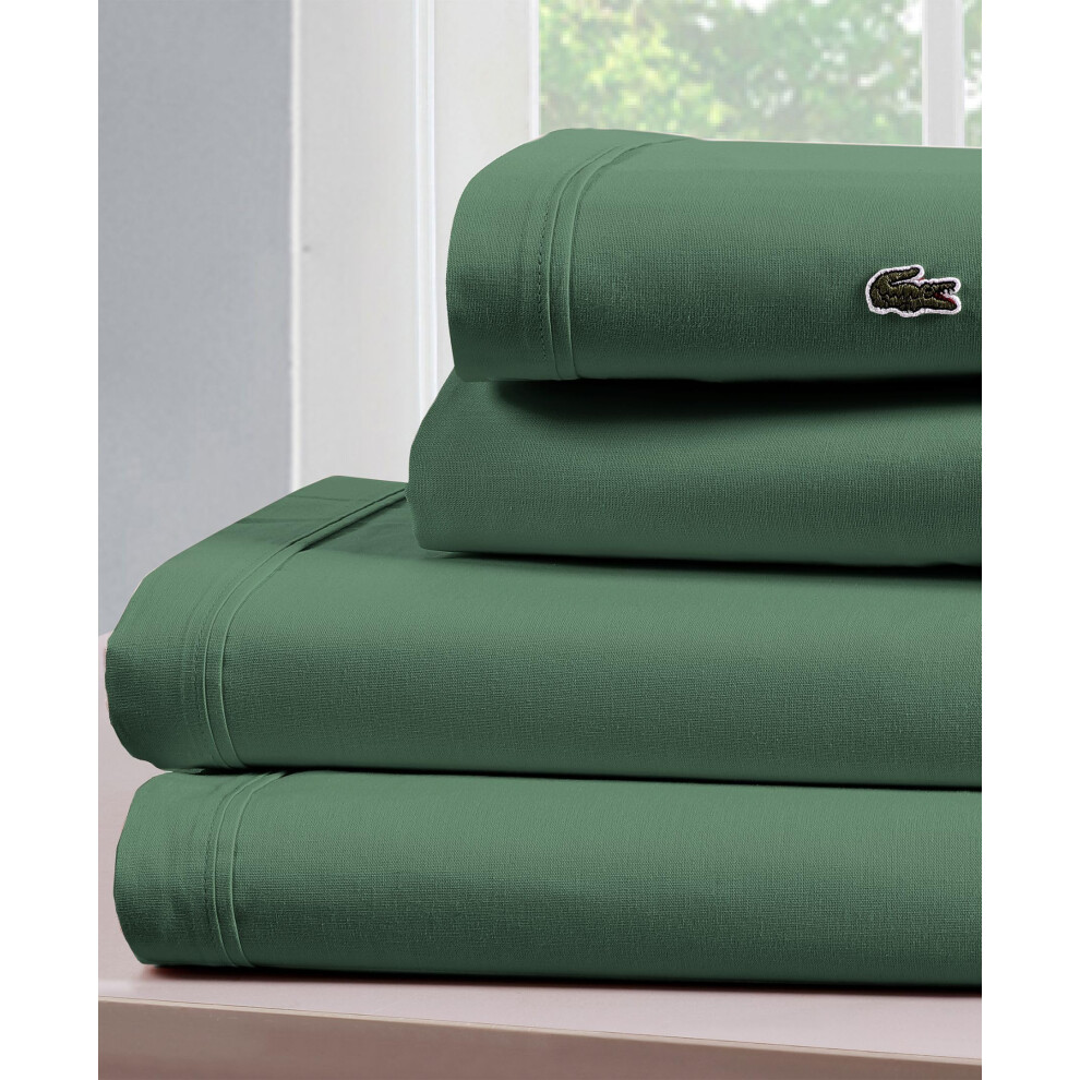 Lacoste 100% Cotton Percale Sheet Set, Solid, Ivy Green, Queen