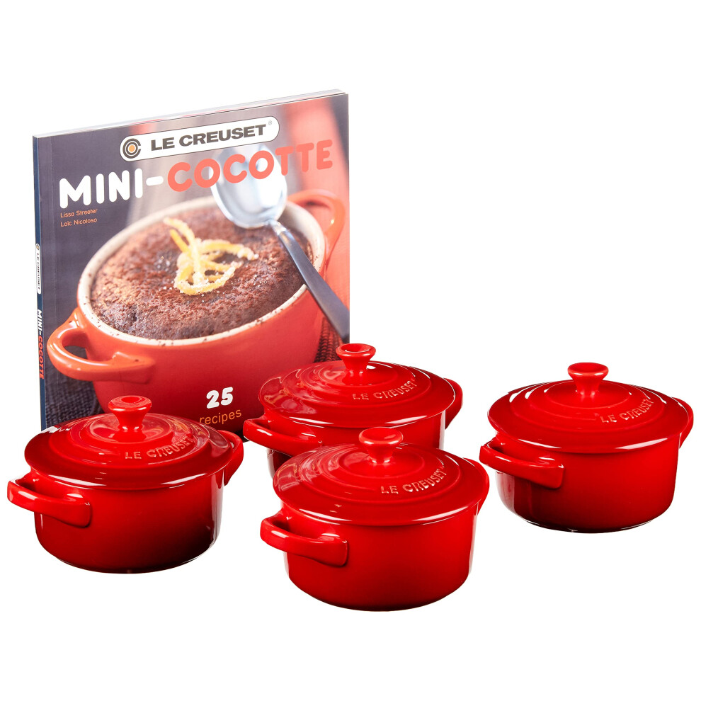 Le Creuset Stoneware Set of 4 Mini Cocottes with Cookbook, 8 oz. each, Cerise