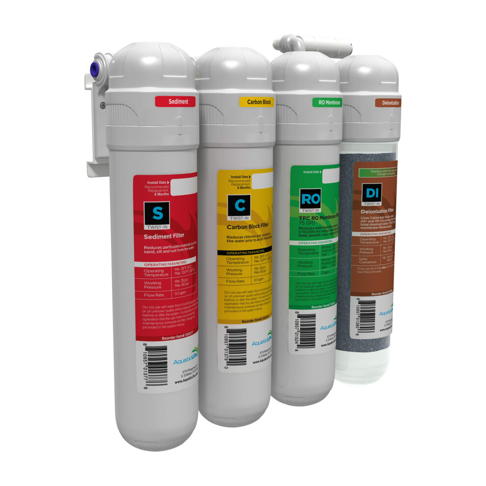 Vita Coco Aquaticlife Twist-In 4-Stage Reverse Osmosis Water Filtration Deionization System, Ro/Di Filter Unit 75 Gpd