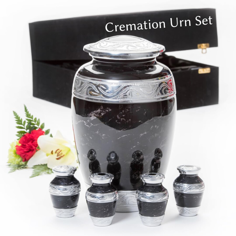 GR8 - Large Black Marble Finish Cremation Urn with 4 Small Keepsake Urns - Urn for Ashes Adult Male, Urn for Ashes for Women, Recycled Aluminum Crema