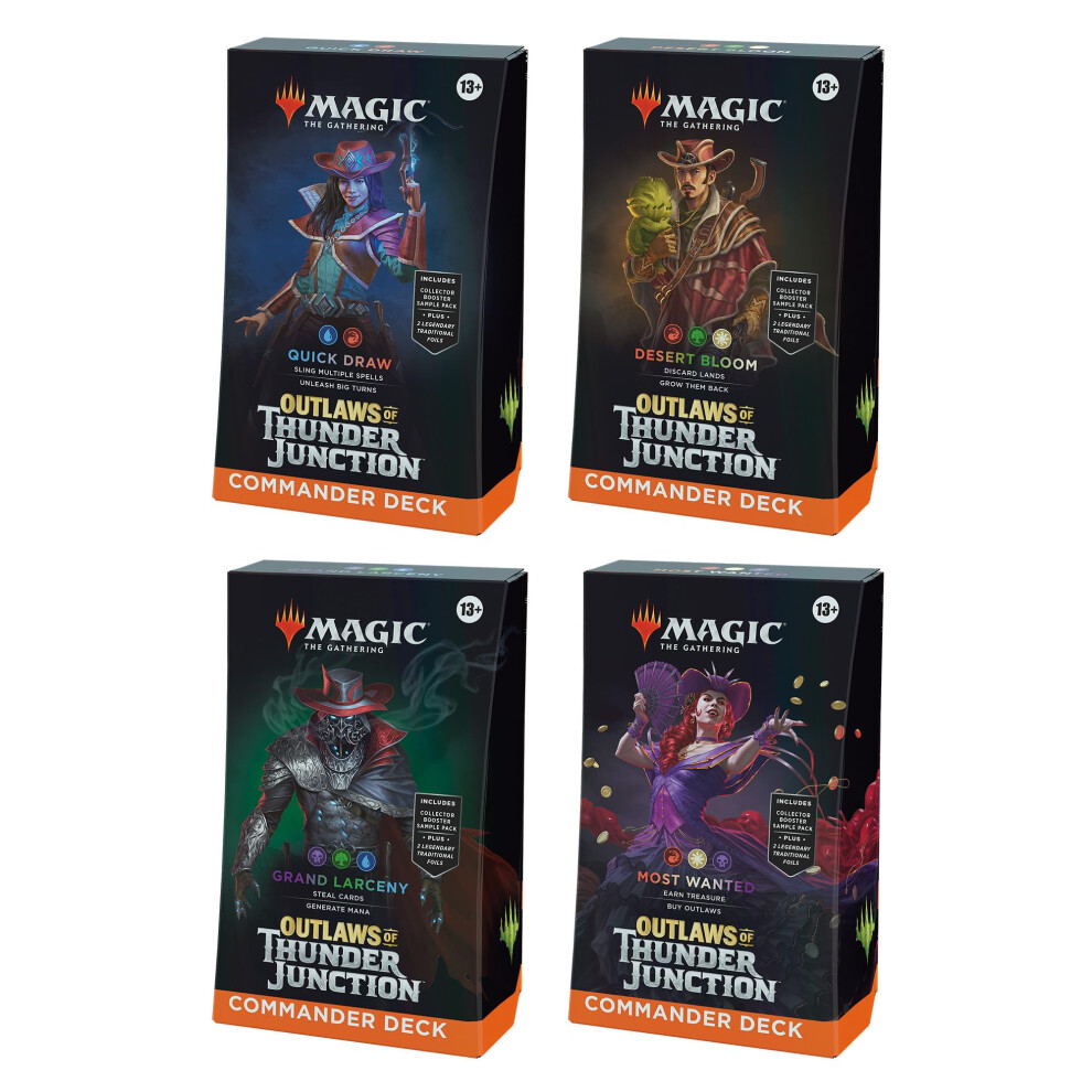 Magic: The Gathering Outlaws of Thunder Junction Commander Deck Bundle - Includes All 4 Decks (Quick Draw, Desert Bloom, Grand Larceny, and Most Want