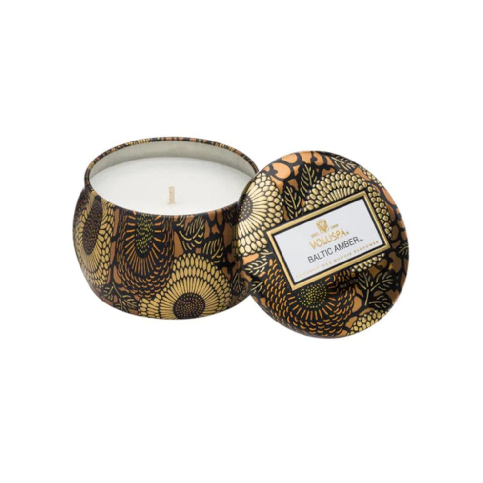 Voluspa Baltic Amber Candle | Mini Tin | 4 Oz. | 25 Hour Burn Time | Vegan | Coconut Wax and Natural Wicks for a Cleaner Burn