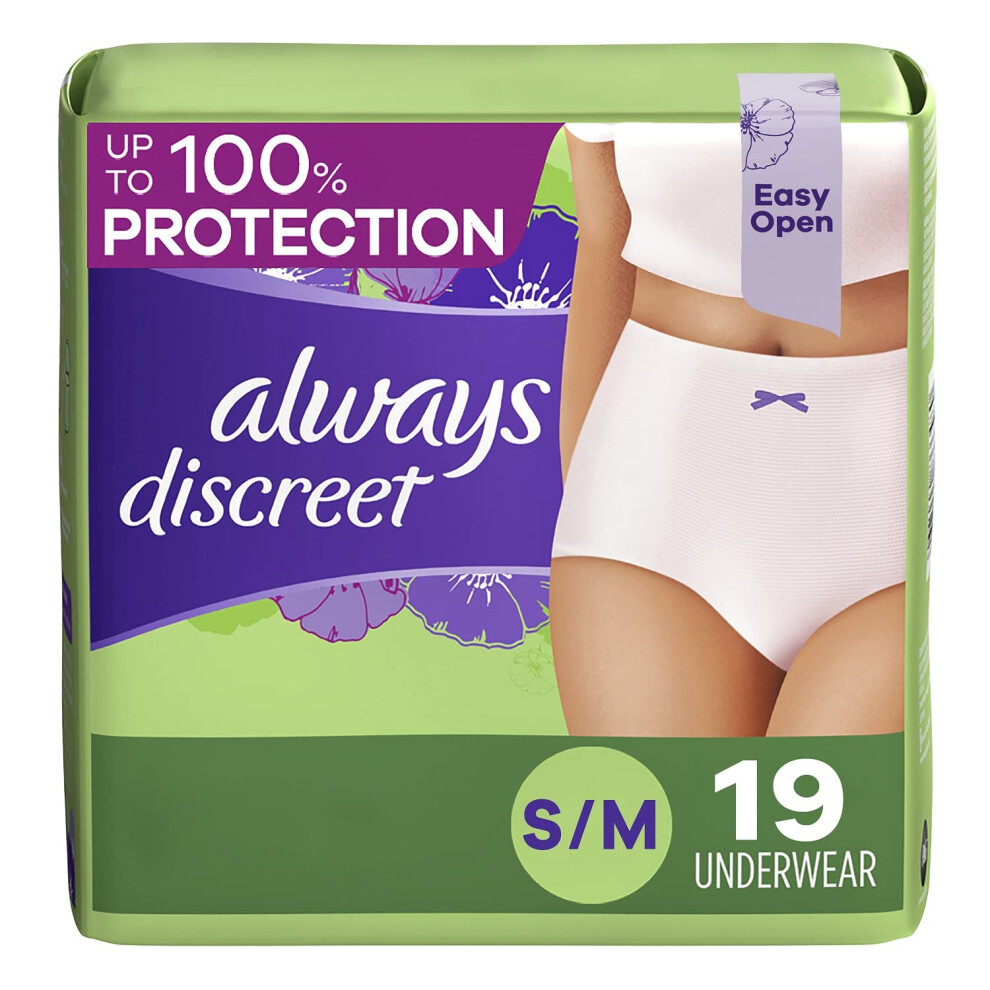 Always Discreet Adult Incontinence & Postpartum Underwear For Women, Size Small/Medium,White, Maximum Absorbency, Disposable, 19 Count