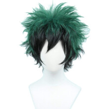 Linfairy Anime Cosplay Wig Short Black Green Halloween Costume Curly Wig