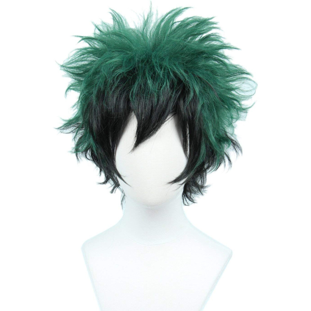 Linfairy Anime Cosplay Wig Short Black Green Halloween Costume Curly Wig Green,Black