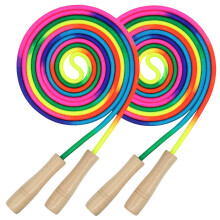 16 FT lang springtouw voor kinderen, 2-pack, verstelbaar dubbel springtouw met houten handvat, regenboog springtouw voor meerdere spelers, voor buiten