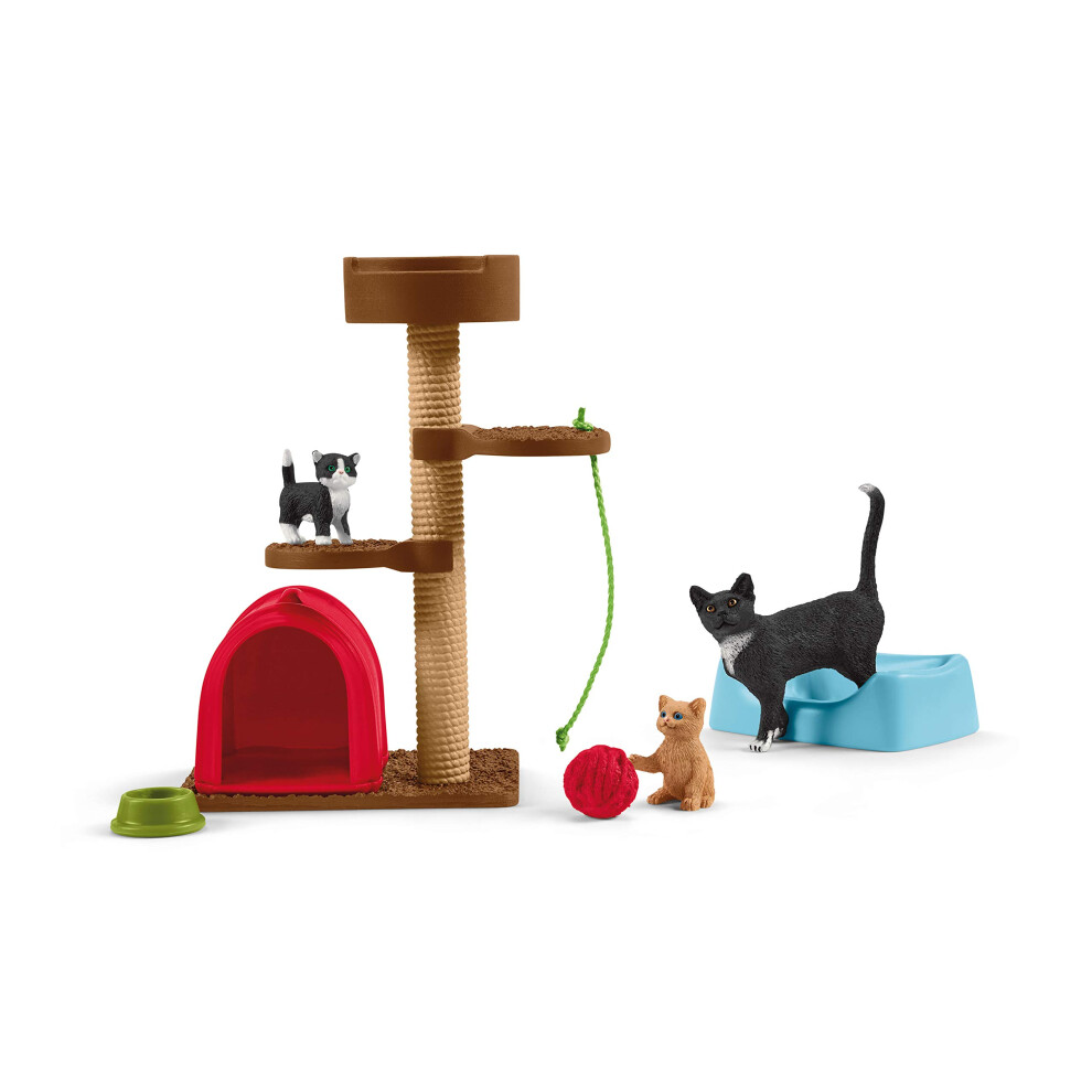 Schleich Farm World Cute Cats and Kittens Playtime Figurine Set - 9-Piece Realistic Momma Cat and Baby Kitten Figurine Large Playset forToddlers, Boy