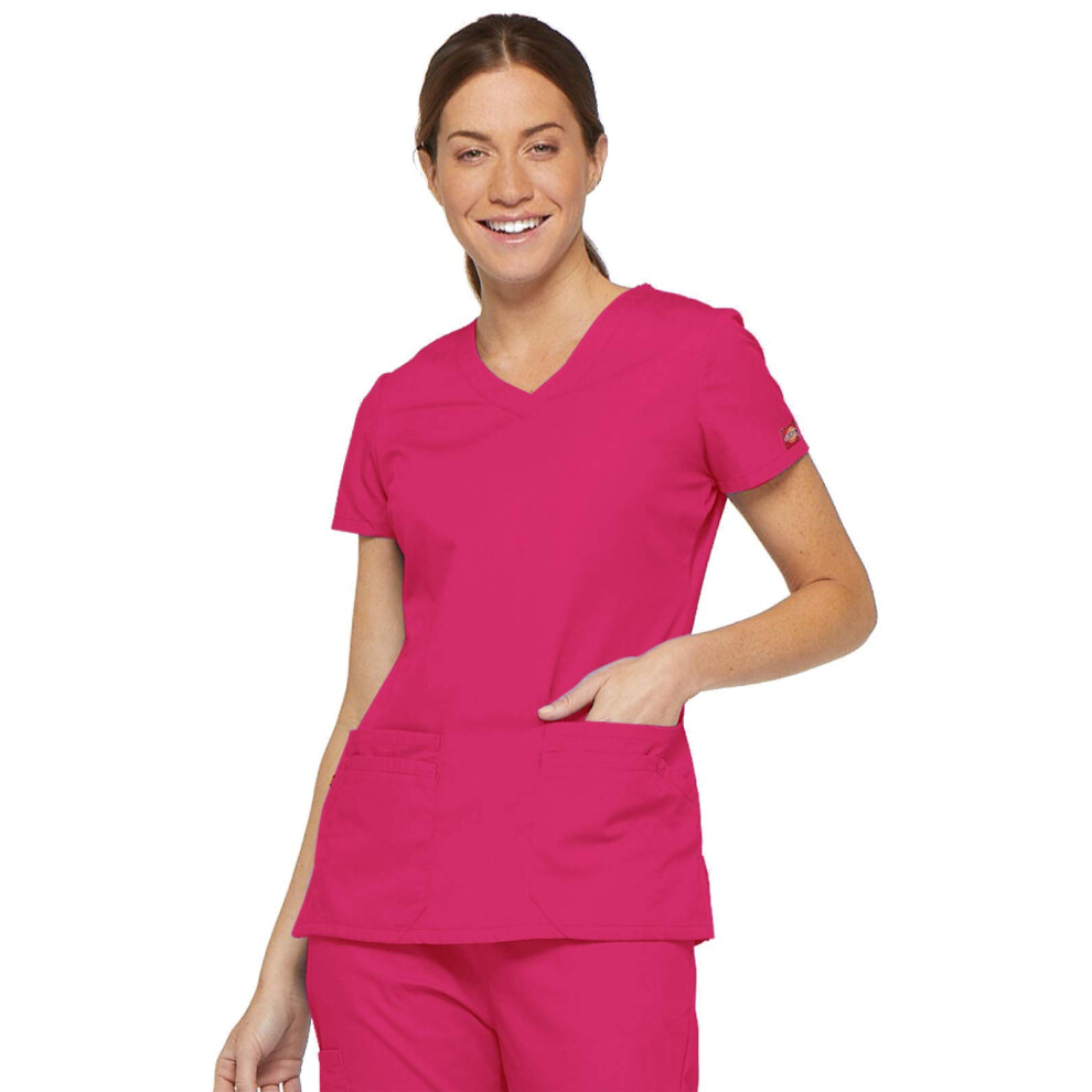 cherokee womens Signature V-neck Top With Multiple Patch Pockets medical scrubs shirts, Hot Pink, X-Small US