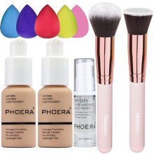 2 Pack PHOERA Foundation Buff Beige 104 and Face Primer,Liquid Full Coverage Foundation Set,Foundation Brush Powder Brush,5 Makeup Sponge,24HR Matte