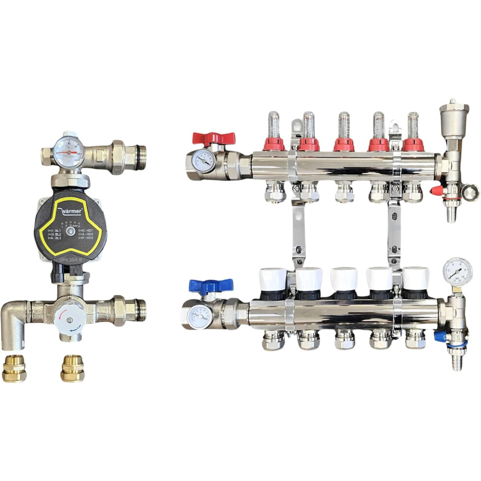 (5 PORT) WÃ¤rmer System  Underfloor Heating Manifold with 'A' Rated Auto Pump GPA25-6 III and Blending Valve Set